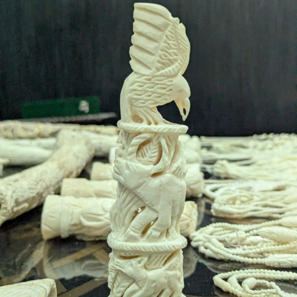 Camel Bone Owl Totem Carving – Elephant & Deer Motif