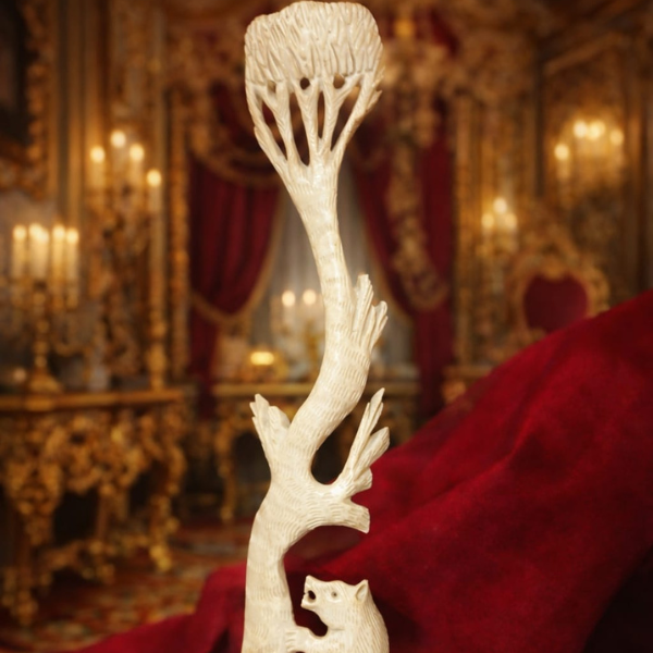 Camel Bone Sculpture – Bear Climbing Tree with Birds