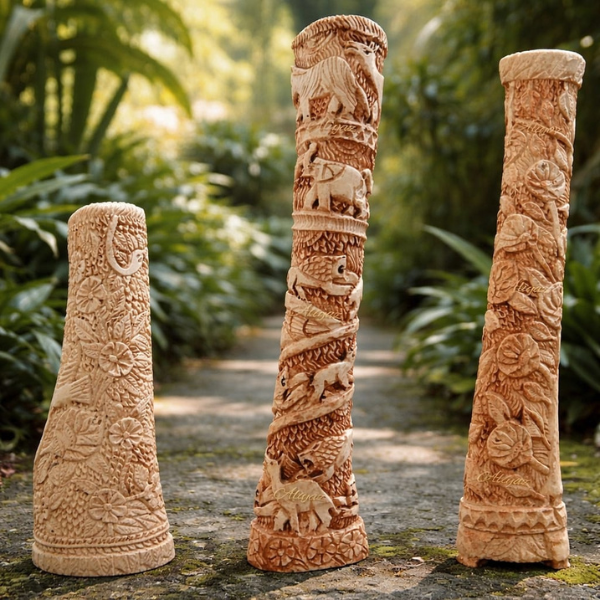 Camel Bone Carved Cone Trio – Floral & Wildlife Design