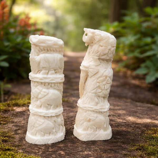 Camel Bone Carved Figurine Duo – Elephant Band & Bird Totem Design