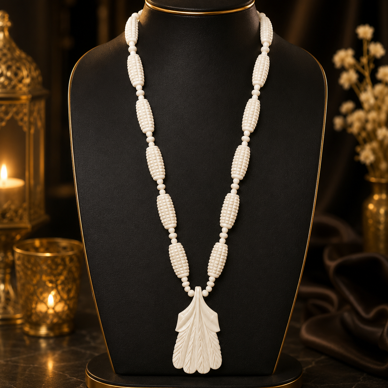 Camel Bone Carved Floral Pendant Necklace