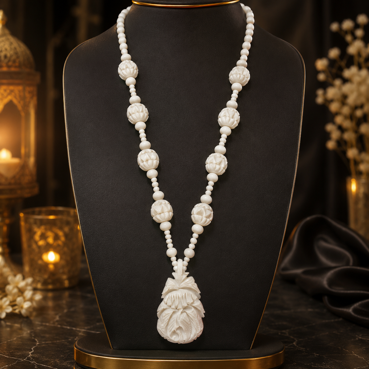 Camel Bone Carved Floral Pendant Necklace