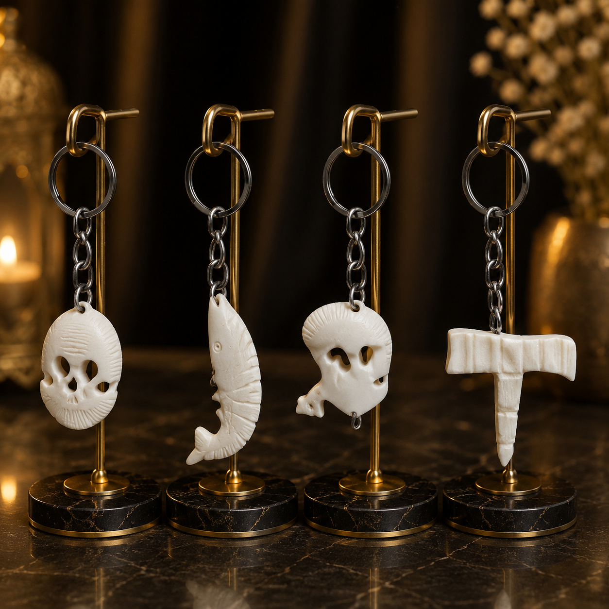 Camel Bone Carved Skull Keychain