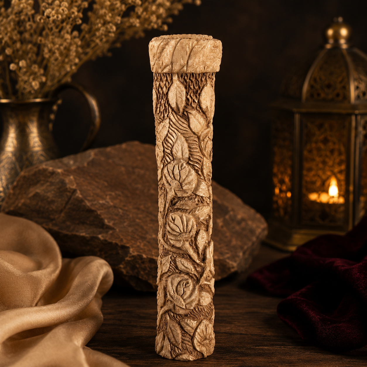 Camel Bone Carved Rose Vine Cylinder – Raw Finish