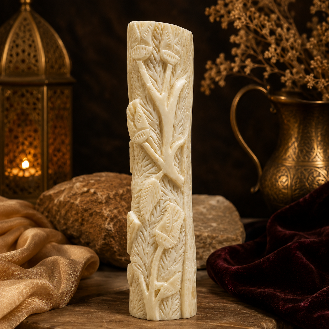 Camel Bone Carved Leaf & Floral Vine Cylinder