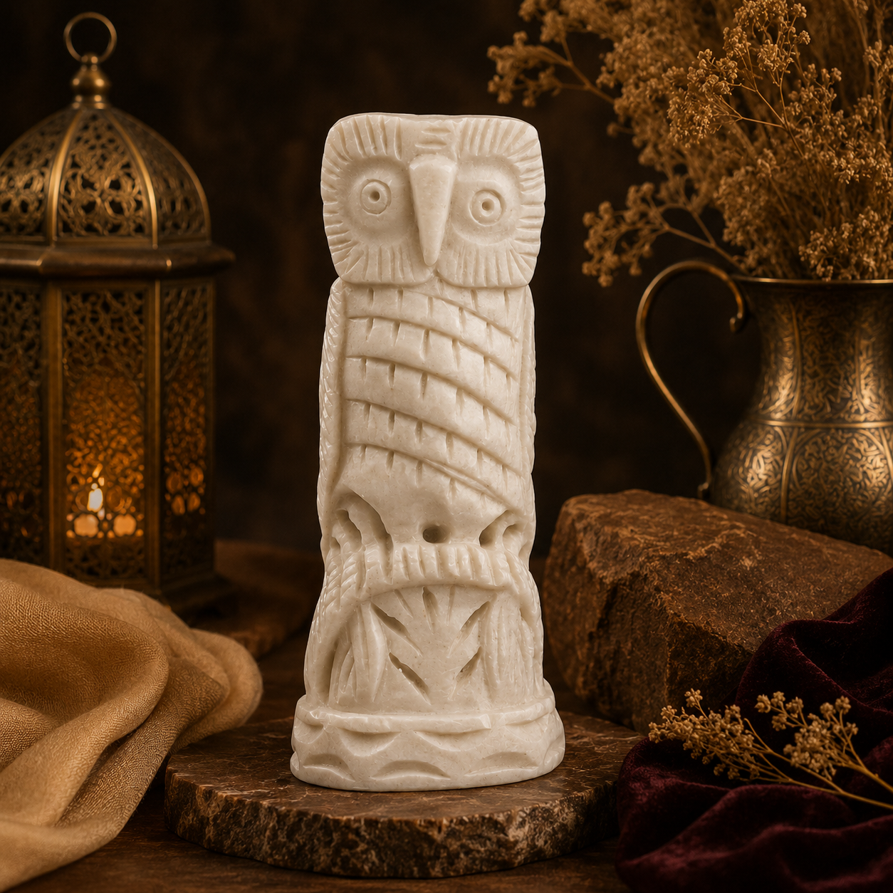Camel Bone Carved Owl Figurine – Detailed Feather Design